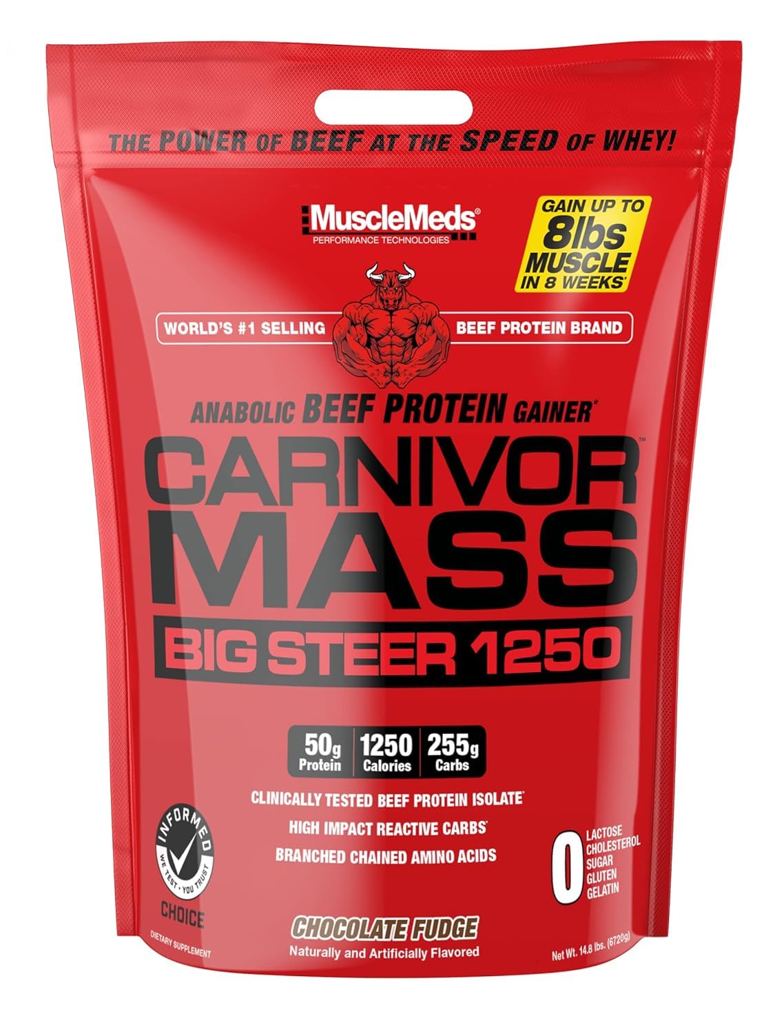 MuscleMeds Carnivor Mass Gainer – 1250 Cal | Beef Protein Isolate | Chocolate 15 lbs