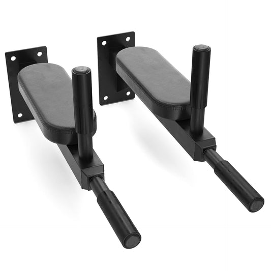 Pair of black wall mounted dip bars with padded armrests and grip handles