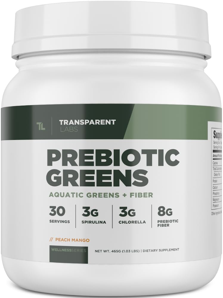 Transparent Labs Prebiotic Greens – Greens Superfood Powder with Spirulina, Chlorella & Acacia | Peach Mango | 30 Servings