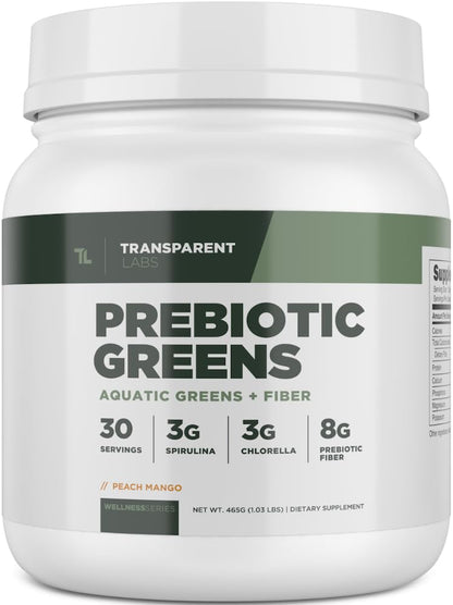 Transparent Labs Prebiotic Greens – Greens Superfood Powder with Spirulina, Chlorella & Acacia | Peach Mango | 30 Servings