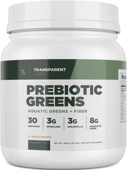 Transparent Labs Prebiotic Greens – Greens Superfood Powder with Spirulina, Chlorella & Acacia | Peach Mango | 30 Servings