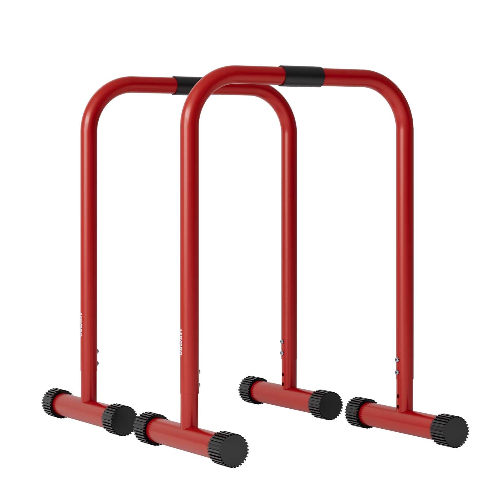 Red steel dip stand pair with stable black feet for home workouts