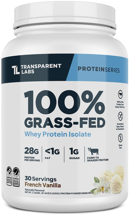 Transparent Labs 100% Grass-Fed Whey Protein Isolate – 28g Protein | French Vanilla | 30 Servings