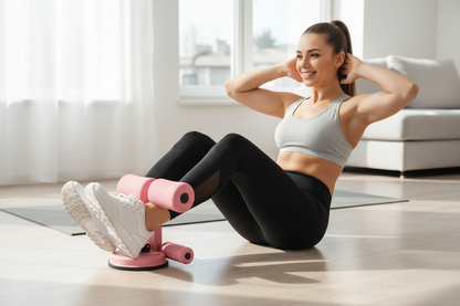Woman doing sit-ups with assist bar